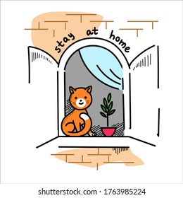 vector illustration line contour cute funny character cartoon cat is sitting on the window stay home