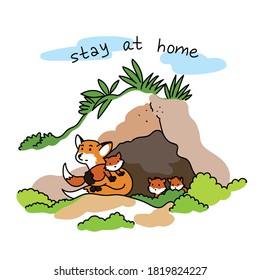 vector illustration line contour cute funny character cartoon mom fox and baby foxes sitting near mink. Stay at home text