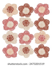 vector illustration line of crochet flowers boho colors with white background