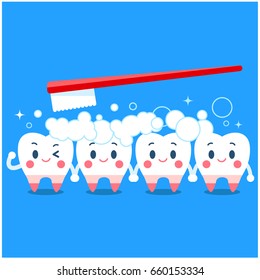 Vector illustration of line of cute, happy tooth characters being brushed by toothbrush 