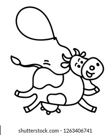 Vector illustration, line doodle, running or flying spotted cow with air balloon. Hand drawn, isolated. For package, poster, label designs, banners, flyers etc.