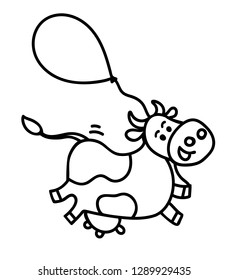 Vector illustration, line doodle, running or flying spotted cow with air balloon. Hand drawn, isolated. For package, poster, label designs, banners, flyers etc.