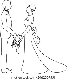 Vector illustration of a line drawing of a bride and groom looking at each other