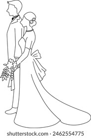 Vector illustration of line drawing of bride and groom viewed from the side