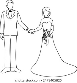 Vector illustration of a line drawing of a bride and groom holding hands