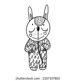 vector illustration line drawing of cute cartoon character little bunny in pajamas with closed eyes. Black and white graphics 