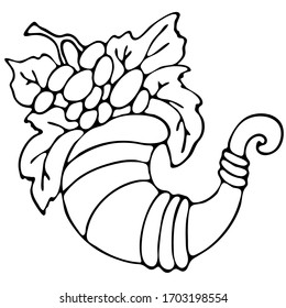 Vektorillustration, Linienzeichnung im Doodle-Stil, reifen Trauben mit Blättern in Schwarz, Naturprodukt, einzeln auf weißem Hintergrund
