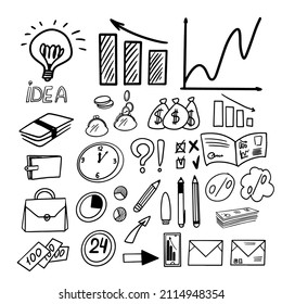 ilustración vectorial, conjunto de doodle de dibujo de línea para el horario de trabajo de dinero de negocios 