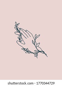 vector illustration, line drawing. Female hand with a sprig of medicinal plant isolated on a pink background. a symbol of esotericism, magic, folk medicine. natural cosmetics, eco body care