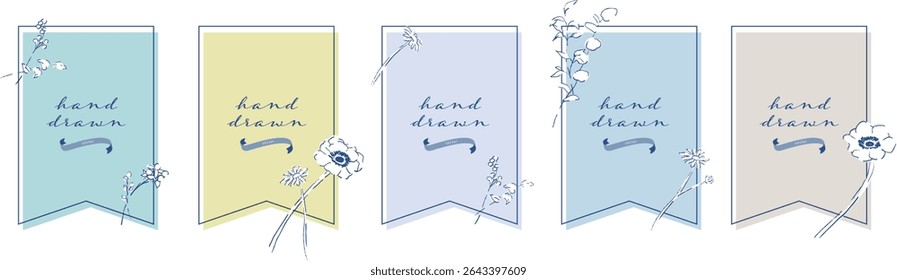 Vector illustration of line drawing flowers and plants. Simple plant frame background template. Stylish postcard design.