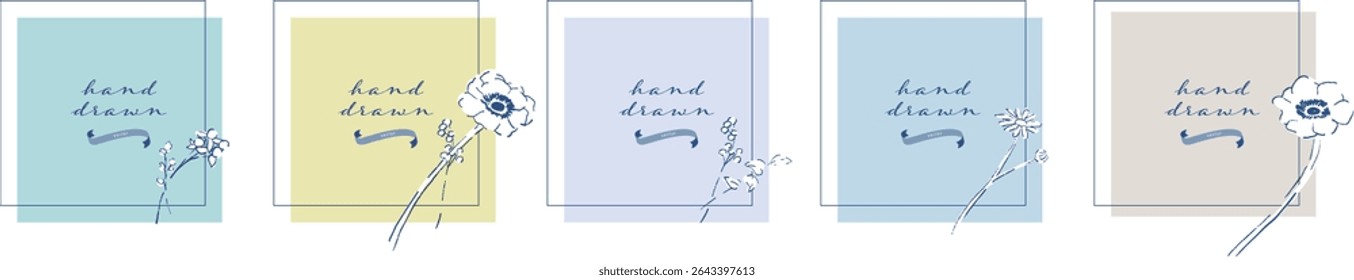 Vector illustration of line drawing flowers and plants. Simple plant frame background template. Stylish postcard design.