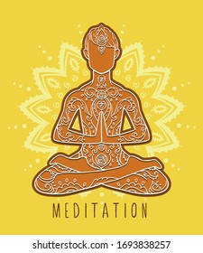 Vector illustration line drawing Ornament beautiful card with yoga man. Lotus pose on yellow background. Medallion, yoga, india, arabic consent.
