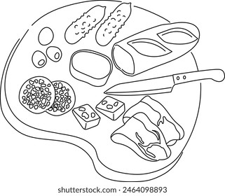 Una Ilustración vectorial de un dibujo de línea de un plato con alimentos variados que van bien con el vino.