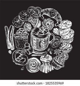 Vector illustration. Line drawing style. Delicious pastries, croissants, cookies, donuts, muffins, hot coffee and mulled wine. Images for menus and banners. Postcards Bon appetit.