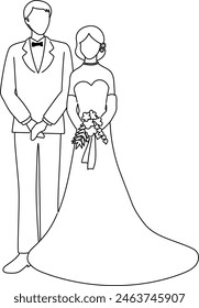 Vector illustration of a line drawing of the whole body of the bride and groom facing the front