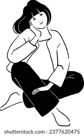 Vector illustration of a line drawing of a woman sitting cross-legged