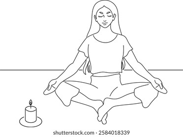 Vector illustration of a line drawing of a woman meditating in a cross-legged yoga pose