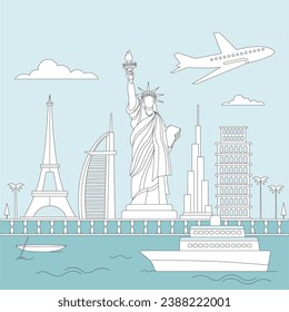 Vector illustration in line drawing of World Tourism. editable line 