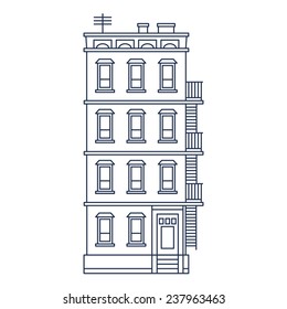 vector illustration - line drawn old building with balcony and stairs isolated vintage