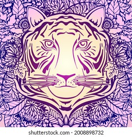 Vector illustration of line drawn tiger face in flowers and herbs. Background for the new 2022 year of the tiger on the Chinese calendar. Texture for printing on fabrics and paper