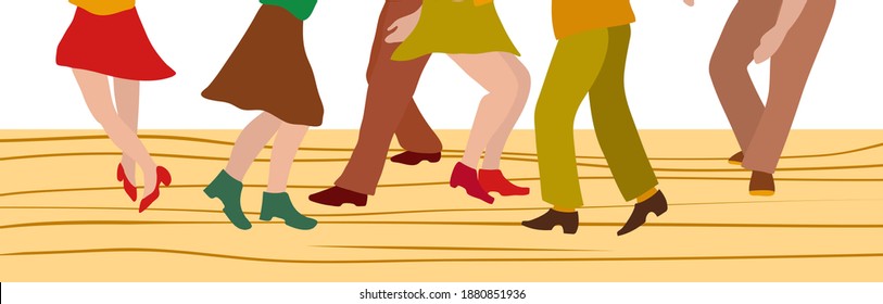 Vector illustration Line of feet of men and women in shoes in 1920s style dancing Charleston, vector illustration in fl style. Swing dance, dancing couples, feet on the wooden floor. Horizontal banner