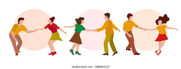 Vector illustration Line of feet of men and women in shoes dancing Charleston, vector illustration in fl style. Swing dance, dancing couples, feet on the wooden floor. Horizontal banner.