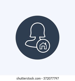 Vector illustration of line female user with house sign icon . Could be used as menu button, user interface element template, badge, sign, symbol, company logo
