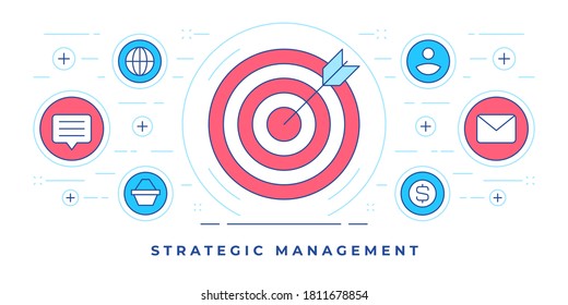 Ilustración vectorial de banner plano de línea con iconos gráficos alrededor de target con flecha para el sitio web que promueve servicios de gestión estratégica. Plantilla de diseño de estilo lineal.