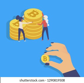 Vector illustration in line flat style and blue colors - bitcoin and crypto currency concept, moneycash - hand holding golden coin - with girls, woman, people - digital payment system.