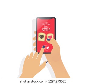 Vector illustration in line flat style and red colors - love concept, 14 february and valentines day with phone in hands 