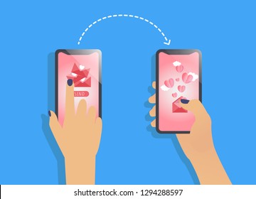 Vector illustration in line flat style and red colors - message, love concept, 14 february and valentines day with two phone in hands. vector illustration. blue bacground.