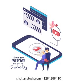 Vector illustration in line flat style and blue, pink, white colors - message, love concept, man and woman, 14 february and valentines day with isometric phone. vector illustration. white background.