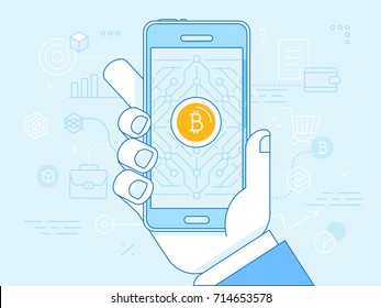 Vector illustration in line flat style and blue colors - bitcoin and crypto currency concept - hand holding mobile phone and mining digital money app on the screen -  virtual payment system 