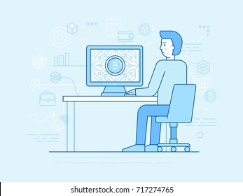 Vector illustration in line flat style and blue colors - bitcoin and crypto currency concept - man working at the computer and mining digital money -  virtual payment system infographics