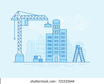 Vector illustration in line flat style and blue colors - construction and development industry concept - crane with block for building house and city landscape