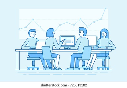 Vector illustration in line flat style and blue colors - team with four people working in the office at the computers for online internet business or start up - men and women sitting at the desktop 