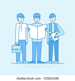 Vector illustration in line flat style and blue colors - building, construction and development business concept - people studying paper with design plan 