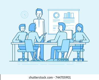 Vector illustration in line flat style and blue colors - team with fiver people working in the office at the computers for online internet business or start up - men and women sitting at the desktop 