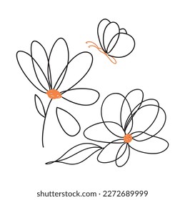 vector illustration in line, flowers, leaf and butterfly black and orange colors and white background