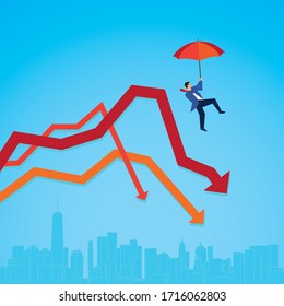 Vector Illustration Of A Line Graph And A Businessman With An Umbrella Falling Down.