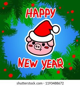 Vector illustration, line grumpy pig, the sign of New Year 2019, and hand drawn lettering "Happy New Year". Can be used for funny greeting cards, promo banners, t-shirt prints.