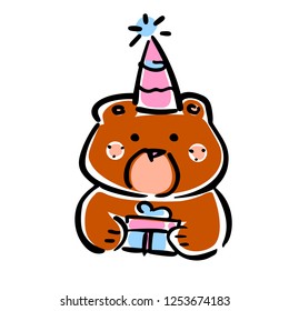 Vector illustration, line hand drawn brown bear with a gift and Happy Birthday hat. Applicable for free gift promo concepts, celebration designs, greeting cards, banners etc.