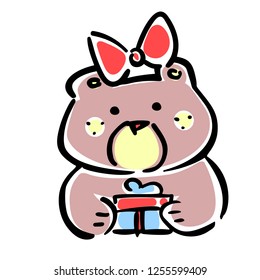 Vector illustration, line hand drawn girl bear with a gift. Applicable for Happy Birthday concepts, free gifts promo designs, greeting cards, banners, flyers etc.