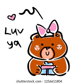 Vector illustration, line hand drawn girl bear with a gift and heart signs and lettering "LUV YA". Applicable for Saint Valentine's Day concepts, love designs, greeting cards, banners, flyers etc.