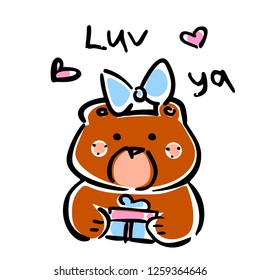 Vector illustration, line hand drawn girl bear with a gift and heart signs and lettering "LUV YA". Applicable for Saint Valentine's Day concepts, love designs, greeting cards, banners, flyers etc.