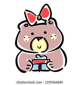 Vector illustration, line hand drawn girl bear with a gift. Applicable for Happy Birthday concepts, free gifts promo designs, greeting cards, banners, flyers etc.