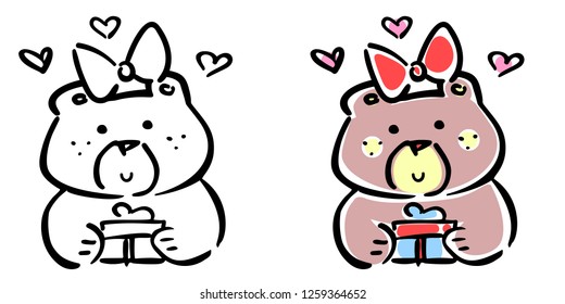 Vector illustration, line hand drawn girl bear with a gift. Colored and unpainted. Applicable for Happy Birthday concepts, free gifts promo, greeting cards, banners, posters, coloring books etc.