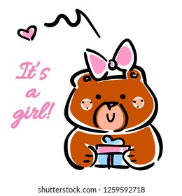 Vector illustration, line hand drawn brown bear with "It's a girl" inscription. Applicable for greeting cards, baby announcement cards, baby shower concepts etc.