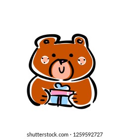 Vector illustration, line hand drawn brown bear with a gift. Applicable for free gift promo concepts, celebration designs, greeting cards, banners, coloring books etc.