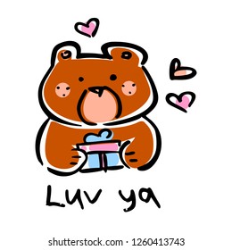 Vector illustration, line hand drawn brown bear with a gift and heart signs and lettering "LUV YA". Applicable for Saint Valentine's Day concepts, love designs, greeting cards, banners, flyers etc.